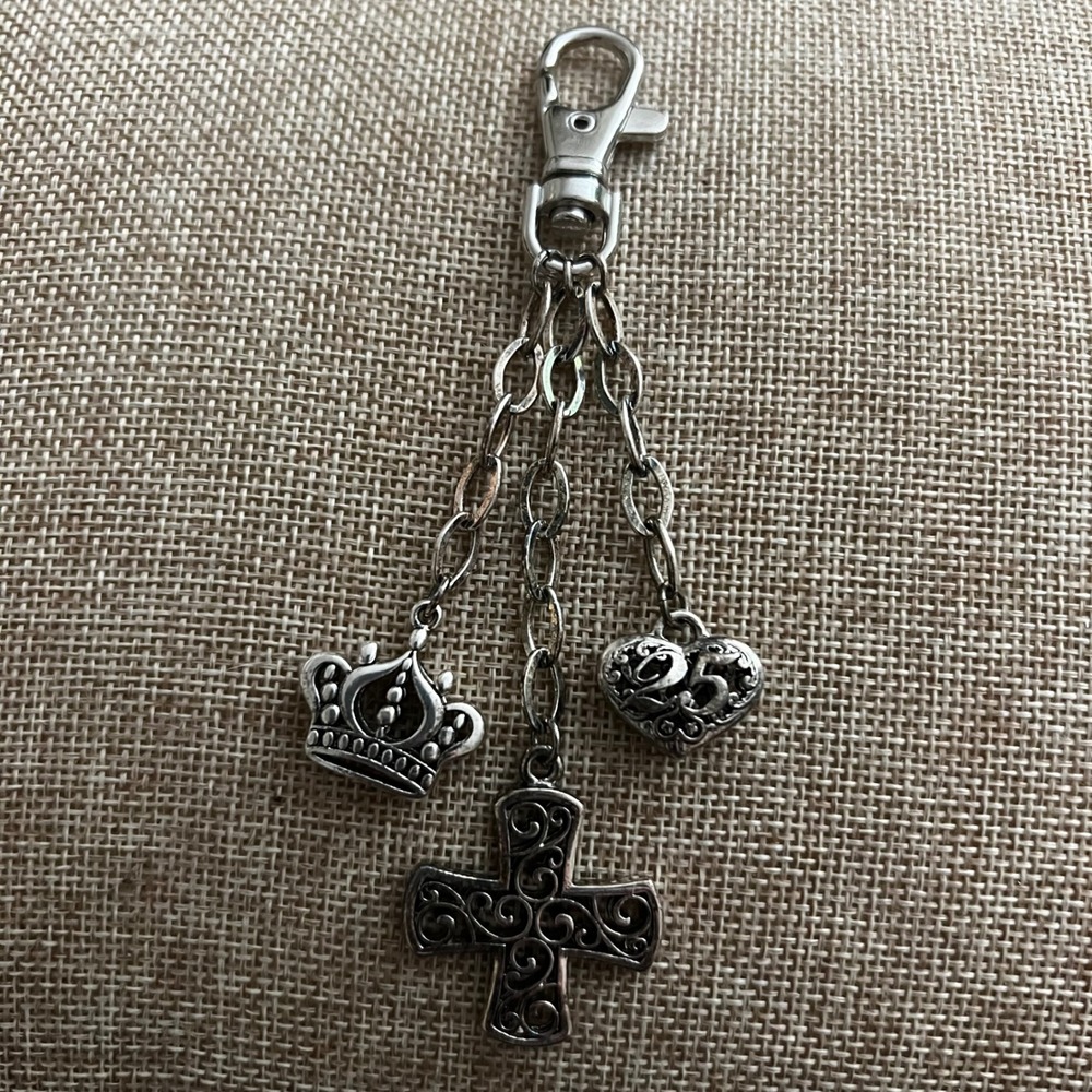 Silver Tone Cross Crown Heart Filigree Bag Charm Keychain 5.5 Inch Gothic